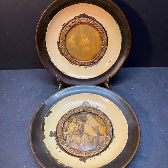 Antique Copper & Enamel Plates Wall Decor Jesus Modonna Nazareth 7.5” Set of 2 - Picture 3 of 9